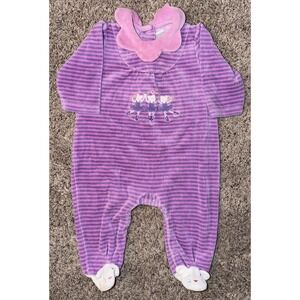 Le Top Baby Girl 3M Pink Purple Stripe Velour Footed Romper Ballerina Cats Vtg